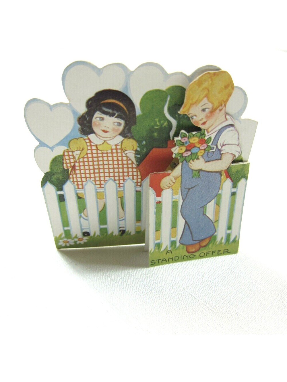 Vintage Valentine Card 1931 Fold Stand Girl & Boy w/ Flowers White Picket Fence